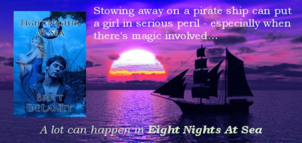 Ship out at sea at sunset.